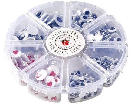 Lulubug Wackelaugen selbstklebend groß und klein, mit Wackelherzen, 500 Stück | 5mm - 10mm, Rund | die Bastelbox Wiggly Eyes zum Basteln, verschließbare Aufbewahrungsbox