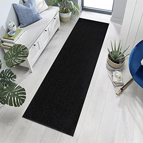 Jimri Teppich Läufer - Maschinengefertigter Kurzflor Läufer für Büro, Wohnzimmer, Schlafzimmer, Flur usw., Premium Polypropylen-Gewebe mit weicher Filzunterlage, Größe: 80x250 cm, Anthrazit-Schwarz