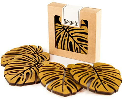 Decorify Monstera Coasters Glasses 11 x 10 cm (4 Pieces) - Glass Coasters for Cups and Mugs - Wooden Coasters 6 mm - Table Decoration - Drinks Coasters Wood - Light Oak