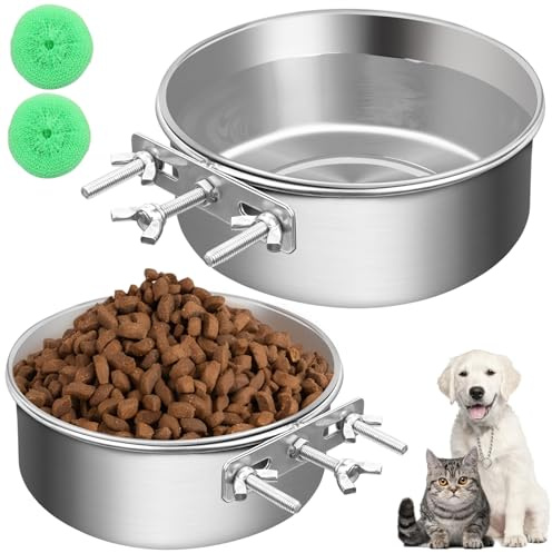 2Pcs Stainless Steel Hanging Pet Bowl, with Three Bolt Holder Water Bowl Food Bowl for Kennel Cage Crates, Pet Bowl for Dog Cat Bird Pig Rabbit, Sturdy Durable with Cleaning Ball(16CM+14CM)