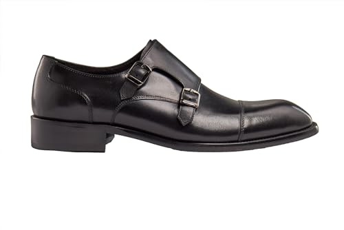 Xposed Men's Hand Crafted Polished Smooth Real Leather Double Buckle Monk Strap Shoes [MA0100-Y11-BLACK-39EU, 6UK]