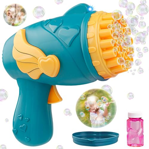 Seifenblasenpistole für Kinder, 26-Loch Seifenblasen Pistole, Elektrische Seifenblasenmaschine mit Seifenblasenlösung, Bubble Gun Geschenk Geeignet für Geburtstage, Outdoor, Partys, Hochzeiten (Blau)