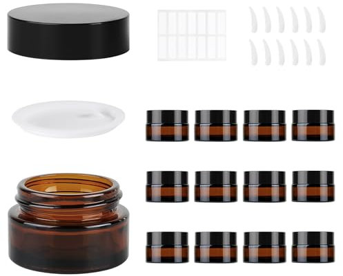MirraSwit 12 Pezzi Marrone Vasetti Vetro 20ml, Vetro Contenitori Creme, Barattoli per Crema Marrone, Contenitori per Cosmetici con Cucchiaio Raschiatore per Cosmetici, Creme, Lozioni