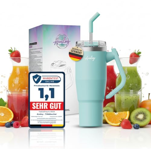 Avaloy Auslaufsicherer Thermobecher 1,2l (40 oz) – Edelstahl To-Go Becher – 2 Deckel inkl. Strohhalm – 180° drehbarer Griff – Doppelwandiger Isolierbecher für Kaffee & Getränke (Türkis)