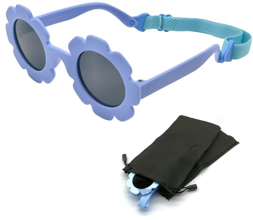 SwirlColor Baby Sunglasses, Cute Flower Kids Sunglasses with Adjustable Strap Flexible Polarized Boys Girls for Newborn 0-24 Months, with Bag and Cloth - Blue