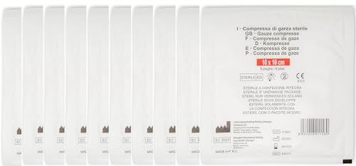 10 Buste di garza compressa sterile 10x10 cm a 8 pieghe (1 confezione da 10 pz) --