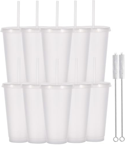 Yisituo 710ml Reusable Plastic Cups, 10 Pack Cold Cups with Lid and Straw, Tumblers Travel Mugs for Adults and Madam Party and Beach, Pool Gatherings (10, Transparently)