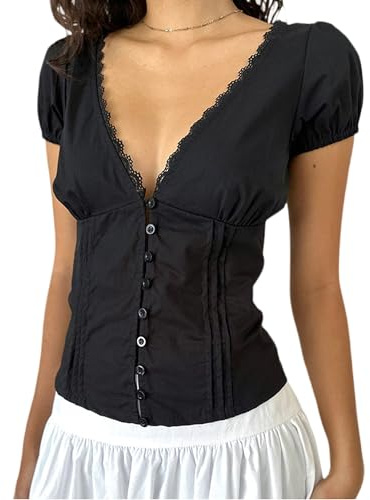 Cusghjbsg Women Y2K Ruffle Top Casual Solid Color V Neck Cap Sleeve Button Down Slim Fit Frill Shirts Summer Fairy Grunge Babydoll Blouse (Black D, L)