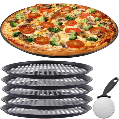 LOSYHU 6 Pcs 12.6 Inch Pizza Trays for Oven, Round Perforated Pizza Baking Trays, Carbon Steel Non-Stick Baking Pans, Black Pizza Pan for Oven, Baking