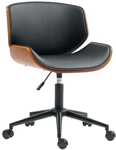 HOMCOM Silla de Oficina sin Brazos Silla de Escritorio Vintage Giratoria Tapizada en PU Madera Curvada Altura Ajustable Respaldo Curvado Negro y Marrón