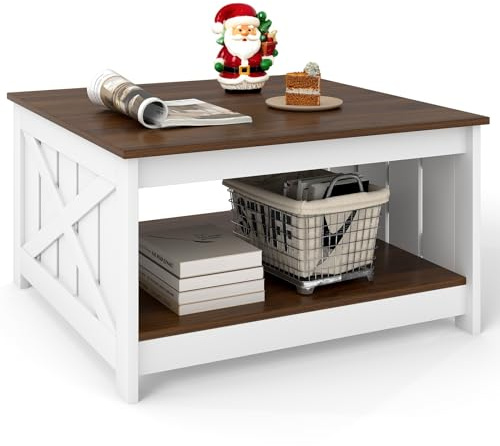 LIFEZEAL Tavolino Salotto, da Caffè, Divano, Tavolino Basso a 2 Ripiani, Tavolo Soggiorno, Coffee Table, in Legno, Rustico, Quadrato, Design Aperto, Salvaspazio, Max 90kg, 78x78x44cm, Marrone-Bianco