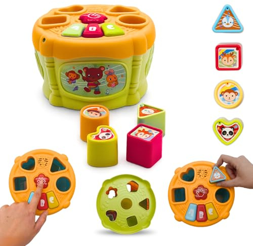 AMATOYS Juguetes Montessori para Bebés Cubo de Actividades con Formas Encajables, Luces y Sonidos – Bloques de Colores para Apilar y Ordenar – Juguetes Educativos 6-12 Meses y 1 Año (Naranja)