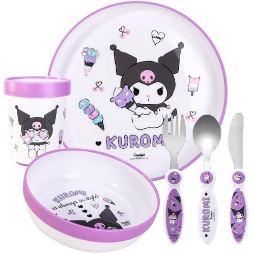 Kuromi Kids 6 Piece Reusable Dinner Set - Cup, Bowl, Plate & Cutlery | Lightweight & Kid-Friendly Dinnerware Set Includes Knife, Fork & Spoon, Toddler Plastic Tableware Set | Easy to Hold Design