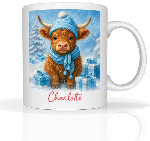 Star Online Personalised Christmas Highland Cow Mug Custom 11oz Coffee Cup, Xmas Gift for Men, Women, Friends & Family, Festive Holiday Mug for Xmas Eve & Secret Santa Presents (Snow)