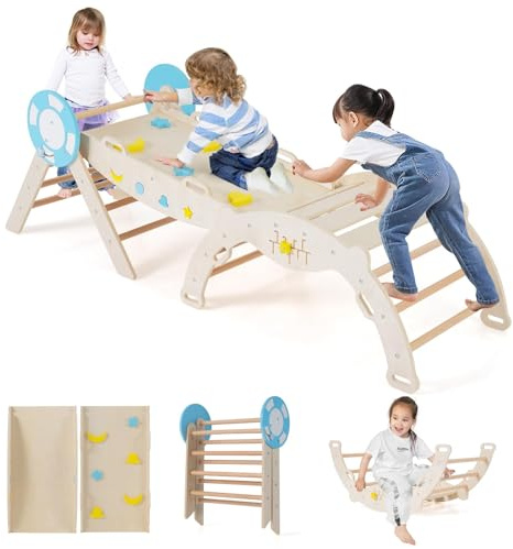 FANTASK Arco de escalada 7 en 1 para interiores, juego de 3 unidades con tobogán, arco de escalada, incluye rampa de doble cara y juego de bloques de construcción, triángulo de escalada de madera para