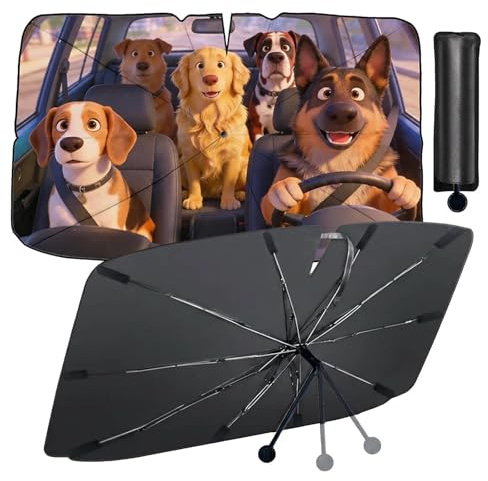 TFSZE Ombrello Parasole Per Parabrezza Anteriore Per Auto Rotazione a 360 ° Sggiornata Ombrello Pieghevole Copertura Parasole,Telo Proteggi Cruscotto Copriparabrezza dal Sole Universale(Cagnolino)