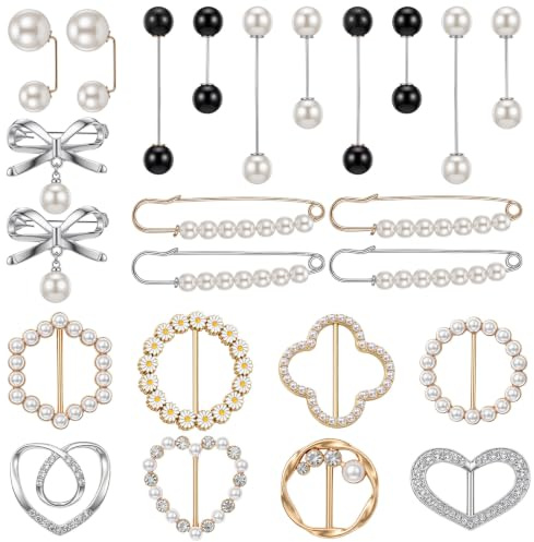 GEEHUA Lot de 16 broches en perles et 8 clips pour anneau d'écharpe | Épingles de sûreté décoratives pour vêtements, t-shirts, cravates, pinces à col perlé, pinces à linge pour vêtements