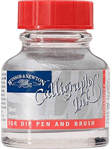 Winsor & Newton 1110617 Kalligraphie Tuschen, opak (für Füllfederhalter oder Schreibfedern, untereinander mischbar, lichtecht) 30 ml Flasche - Metallic Silber