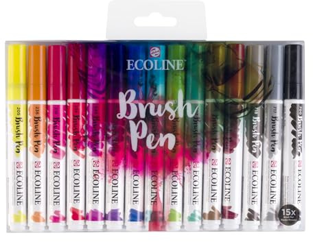 Ecoline Brush Pen-Set mit 15 flüssigen Aquarellstiften – Grundfarben | Mischbare Pinselstifte für Handlettering, Zeichnen und Basteln