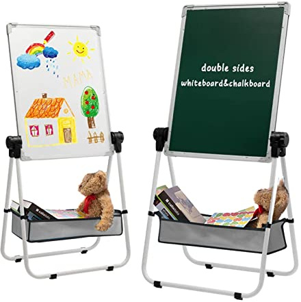 DOEWORKS Tableau Enfant Chevalet Tableaux Magnetiques Enfant avec U-Support, Chevalet Double Face Tableau Blanc et Noir, Hauteur Réglable & Rotation à 360°, Blanc