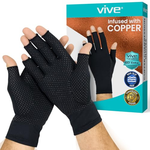Vive Copper Infused Fingerless Arthritis Compression Gloves (Pair) - Relief for Men, Women, Rheumatoid, Swelling, Carpal Tunnel, Tendonitis, Edema, Hand & Finger Pain - Comfortable Non-Slip (Large)