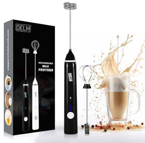 DELM Montalatte elettrico, Miscelatore per bevande, Montalatte portatile, Miscelatore, Miscelatore manuale, Miscelatore elettrico, Ricaricabile USB, coffee macchiato (nero)