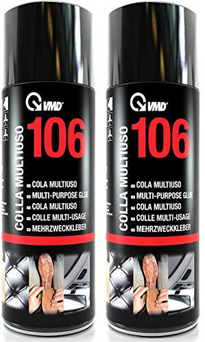 VMD 106 Colle spray multi-usages de 400 ml avec valve réglable, adhésif idéal pour le collage de caoutchouc, mousse, matière synthétique, moquette, tissus, bois, papier. Vendu par 2 pièces