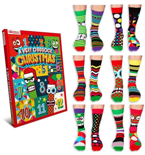 United Oddsocks Calendrier de l'Avent 12 jours pour homme Boîte de 12 chaussettes festives Multicolore et amusantes 39-46
