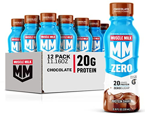 Muscle Milk Zero Protein Shake, Chocolate,20g Protein, Zero Sugar, 100 Calories, Calcium, Vitamins A, C & D, 4g Fiber, Energizing Snack, Workout Recovery, Packaging May Vary,11.16 Fl Oz (Pack of 12)