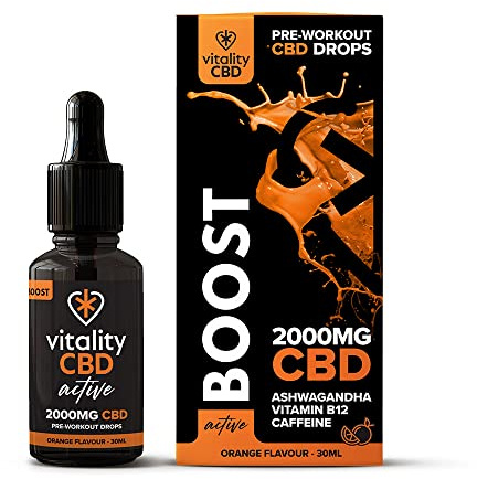 Vitality CBD Active Boost Drops with Vitamin B12, Caffeine, Ashwagandha, 2000mg of CBD, 30ml, Orange Flavour, NO THC