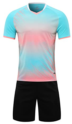 ranrann Fotbollsset pojke barn träningsoverall sport shorts och t-shirt kortärmad fotbollsklädsel torkar snabbt träning fot 5–14 år, Färg: blå, 13-14 ans
