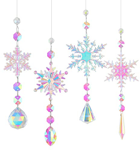 Sonnenfänger Kristall Windspiel,4 Stück Schneeflocke Kristall Anhänger Deko,Bunte Schneeflocken Regenbogen Sonnenfänger Kristal,Fensterdeko Hängend für Zuhause Büro Garten Outdoor Deko