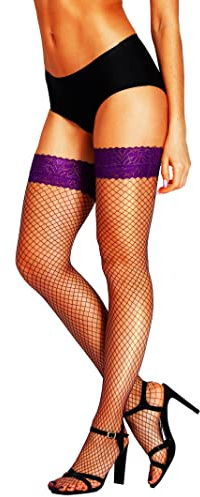HONENNA Fishnet Thigh High Stockings, 20+ Colors Silicone Lace Top Stay Up Nylons Tights for Woman, 1 Pair Dark Purple, A-B