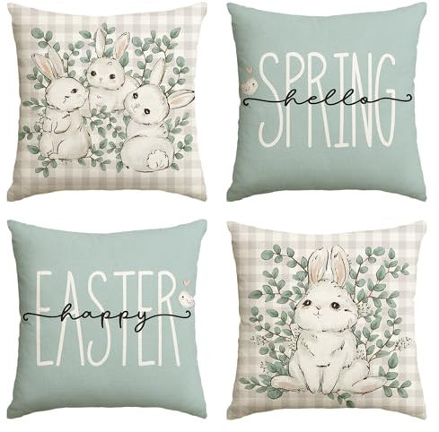 Artoid Mode Happy Easter Hello Spring Kaninchen Ostern Kissenbezüge 4er Set, 45x45 cm Frühling Zierkissenbezug Couch Wohnzimmer Deko