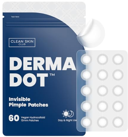 Clean Skin Club 60 Invisible Vegan Pimple Patches, Derma Dot Hydrocolloid for Covering Zits, Acne, Blackhead, Blemish, Absorbing Face Cover Sticker, Skincare Treatment, Non Toxic Ingredients