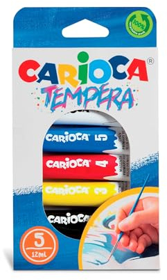 CARIOCA - Set 5 Tubos Témpera 12 ml con Pincel, Colores Base | Set de 5 Tubos de Témpera 12 ml con Pincel, Colores Base Mezclables de Alta Opacidad, Tinta Superlavable para Manualidades