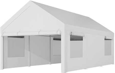 Shintenchi Cochera resistente de 10 x 20 pies, garaje portátil con paredes laterales extraíbles, puerta y ventanas ventiladas, toldo impermeable resistente a los rayos UV para exteriores, lona para