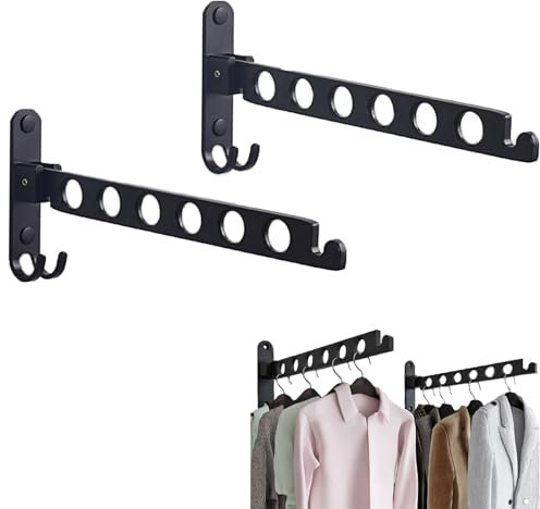 Minicoco 2 Pack Foldable Wall Mounted Clothes Hanger Clothes Black Wall Hangers 90° Rotation Wall Clothes Airer Laundry Hanger Drying Rack Hook for Laundry Bathroom Utility Room Bedroom Balcony (2)
