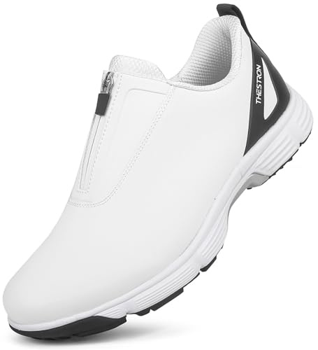 ZHENSI Zapatos De Golf Impermeables Hombre Zapatillas De Entrenamiento De Golf Profesionales Sin Clavos Zapatillas para Caminar con Cremallera Zapatillas Ligeras Antideslizantes,Blanca,43 EU