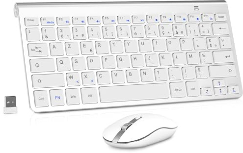 cimetech Ensemble Clavier et Souris sans Fil Silencieux, 2,4G Récepteur USB, AZERTY Mini Clavier Slim Compacte Portable et Moderne pour PC/Ordinateur Portable/Ordinateur de Bureau - Blanc