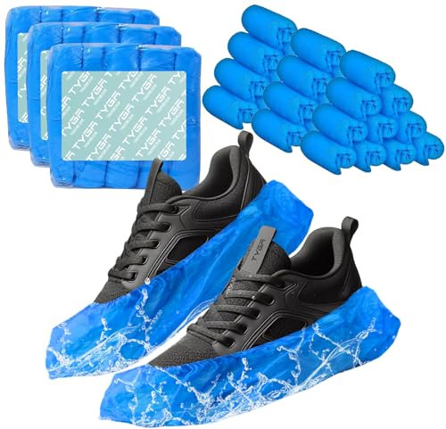 TYGA STORE 300 Disposable Shoe Covers - Plastic, Anti Slip, Dust Proof, Waterproof Overshoes - Indoor, Outdoor, Carpet, Floor, Rain, Boot, Safety, Cycling, Strong Foot Covering (Blue)