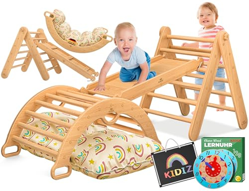 Kidiz® Montessori - Juego 7 en 1 con arco de escalada, triángulo de escalada de madera, incluye cojín, pizarra y reloj de aprendizaje, parque infantil interior para niños a partir de 1 año y niños