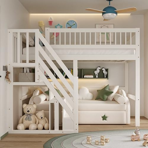 Cuna, cama de madera maciza, 90 x 200 cm, Soweiz, cama alta, escalera con armario de almacenamiento, diseño estable, sin colchón (blanco)