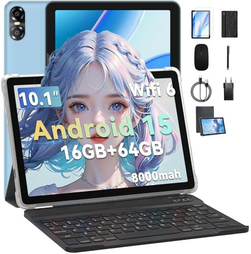 PRITOM 10 Zoll Tablet, 4-in-1 Tablets, 16 GB, 64 GB ROM, Android 15, 1024GB Expand,Qcta core, WiFi 6, 6000 Mah, Tablet PC mit Tastatur, Maus, Case,Grau