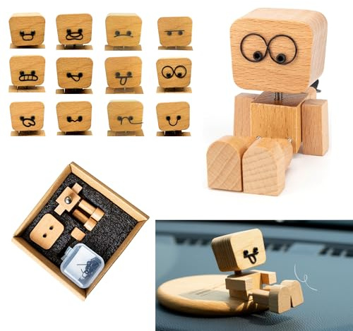 Shaking Feet Wooden Man Figurine with Spring Legs, Cute Wobbly Wooden Statue for Car Dashboard & Desk Decor, Customizable Face Expression Doll with Storage Box, Fun Gift for Drivers & Friends