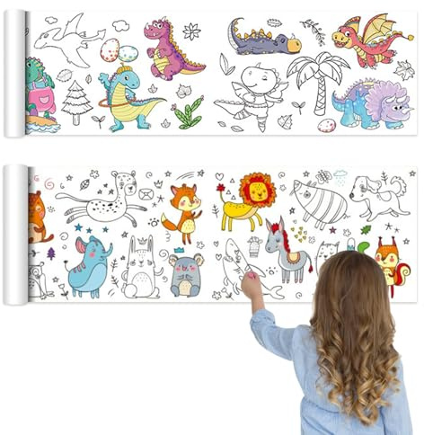2 Pack Colouring Drawing Paper Roll for Kids, 3m X 30cm Drawing Paper for Kids, Painting Paper Roll for Children DIY Art Sketch Painting Color Filling, Toddler Colouring Painting (Animal +Dinosaur)