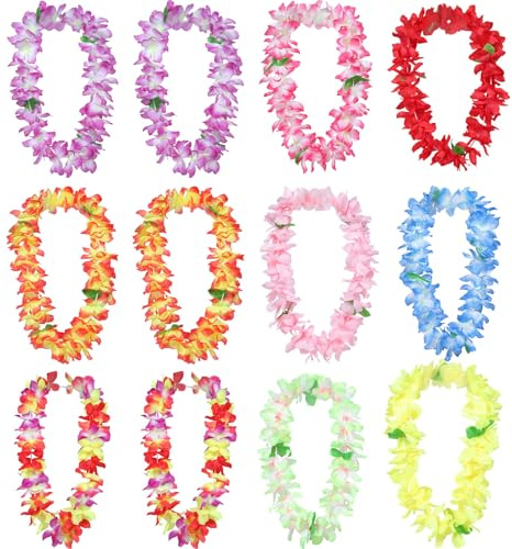 MINAOLULUS Collana Hawaiana in Stoffa 12 Pezzi Multicolore, Ghirlanda Tropicale per Festa Luau, Decorazioni Floreali Leggere per Eventi Spiaggia e Photo Booth e Adulti