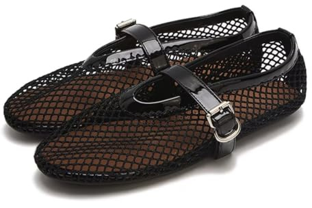Mesh Ballet Flats for Women - Comfortable Fishnet Ballerina Flats with Buckle Strap, Wide Width Round Toe Shoes for Casual Summer Office Daily Dress & Party Black
