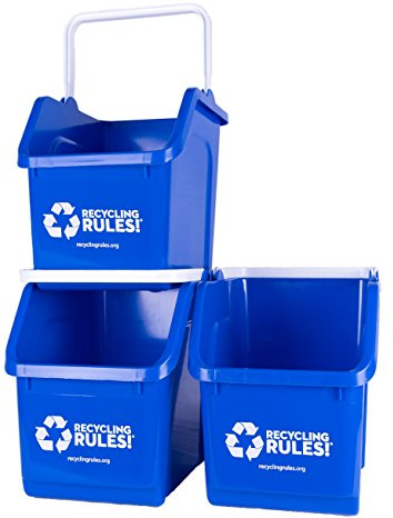 Recycling Rules! 6 Gallon Stackable Recycling Bin Container in Blue, Eco-Friendly BPA-Free Handy Recycler with Handle, 3-Pack
