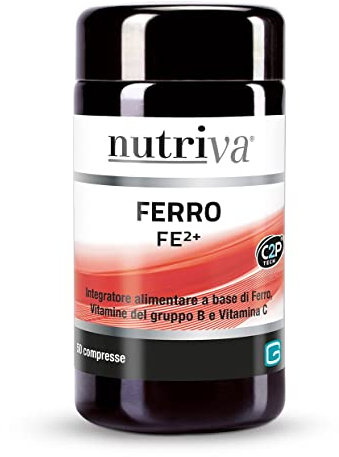 NUTRIVA Ferro FE²⁺, Integratore Alimentare a base di Ferro, Vitamine del gruppo B, Acido folico e Vitamina C. Reintegra il Ferro. Supporta la formazione di globuli rossi ed emoglobina. C2P® Tech